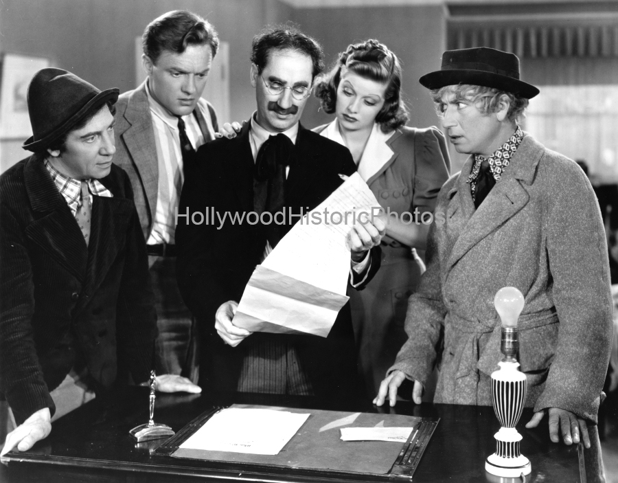 Marx Bros. 1938 Chico, Groucho, Harpo filming Room Service with Lucille Ball.jpg